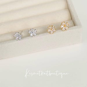 Tiny CZ Five-Petal Flower Stud Earrings in Silver or Gold | Minimalist Forget Me Not Floral Earrings | Crystal Stacking Snowflake Earrings