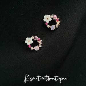 Sterling Silver Needle & Rose Gold Flower Wreath Stud Earrings - Colorful CZ Gemstone, Flower, and Pearl Studs for Women