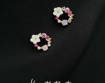 Sterling Silver Needle & Rose Gold Flower Wreath Stud Earrings - Colorful CZ Gemstone, Flower, and Pearl Studs for Women