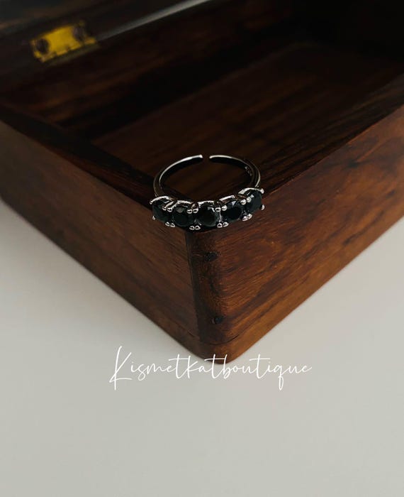 Black Onyx Ring, Black Gemstones Cluster Silver Adjustable Ring