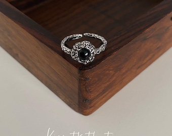 Distressed Textured Ring, Adjustable Irregular Black Zircon Stone Ring Band, Rough Band Ring, Textured  Silver Ring Gifts