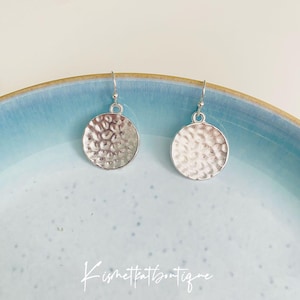 Minimalist Silver Hammered Textured Disc Hook Earrings - Modern Chic Dangle Jewellery for Women