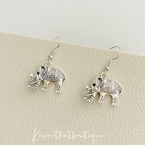 Charming Elephant Dangle Earrings, Sterling Silver Boho Animal Jewellery, Thailand Silver Safari Earrings, Gift for Her, Cute Elephant Drops