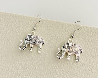 Charming Elephant Dangle Earrings, Sterling Silver Boho Animal Jewellery, Thailand Silver Safari Earrings, Gift for Her, Cute Elephant Drops