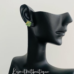 Ceramic Green Square Stud Earrings with Gold Line-Handmade Ceramic jewellery, Perfect Christmas gift