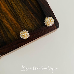 Delicate Pearl Ball Stud Earrings- Flower Bouquet CZ Stud Earrings in Sterling Silver-Statement Pearl Bridal Earrings-Pearl Cluster Earrings