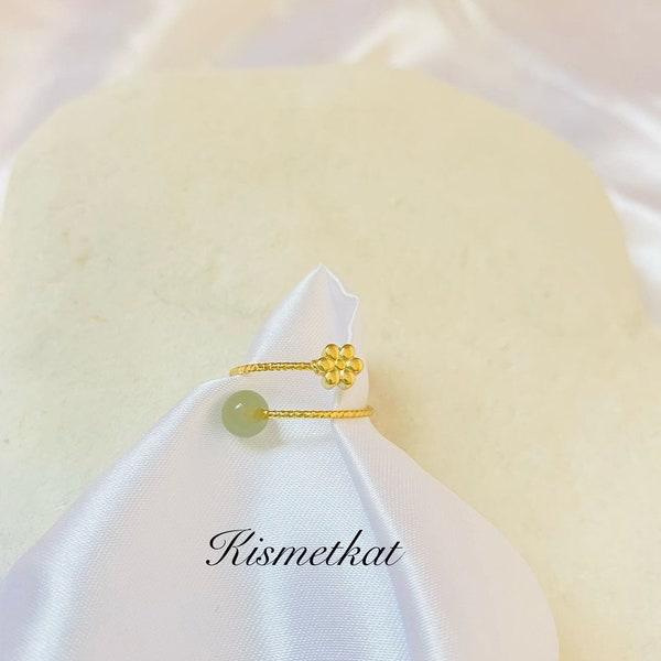 Green Jade &Flower Design Thin Ring in Gold, Adjustable