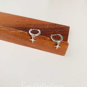 Star Hoop Earrings for Women, Unique Starburst Dangle Earrings, Minimalist Star Charm Earrings, 9mm Silver Hoops