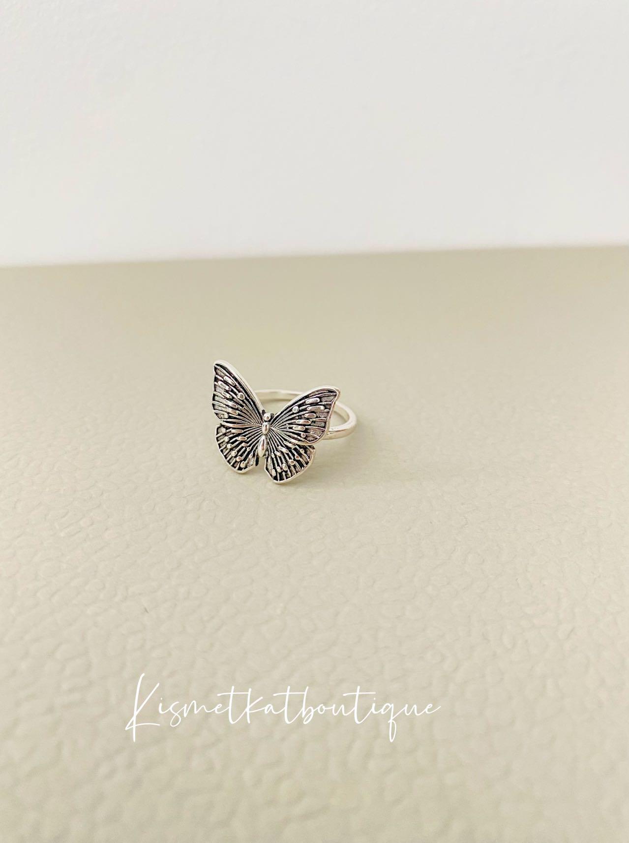 Bague Fantaisie Papillon Années 1950 - Métal Argenté, Ajustable, En Superbe état