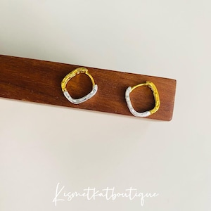 Gold and Silver Geometric Square Huggie Hoops | Two-Tone Textured 1.4cm Earrings | Modern Statement Earrings