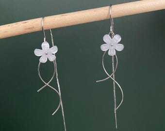 Sterling Silver Cherry Blossom Threader Earrings, Silver Long Threaders, Long Drop Ear Threaders, Minimalist Long Threads Earrings for Her