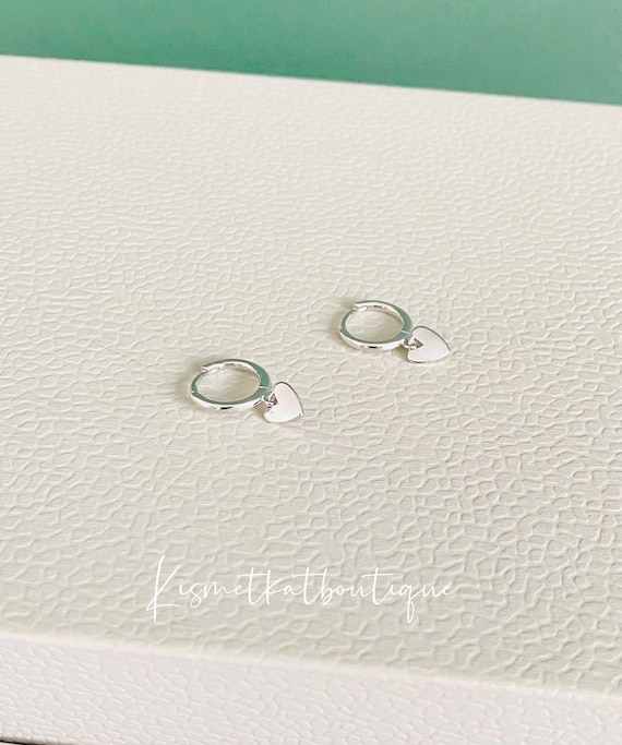 Earrings with 6mm Heart Charm, 10mm Hoop Earrings for Women, Petite Heart Huggie Hoops, Heart Dangle Earrings, Cute Heart Earrings Gift