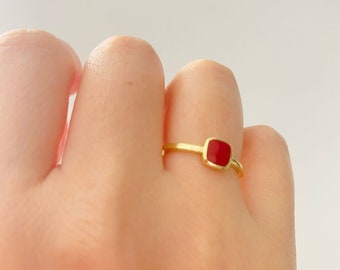 Simple Square Ruby Stackable Ring- Adjustable