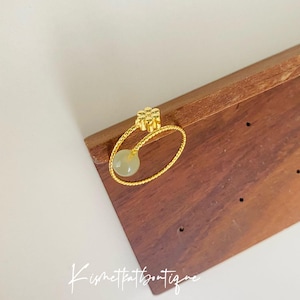 Green Jade &Flower Design Thin Ring in Gold, Adjustable