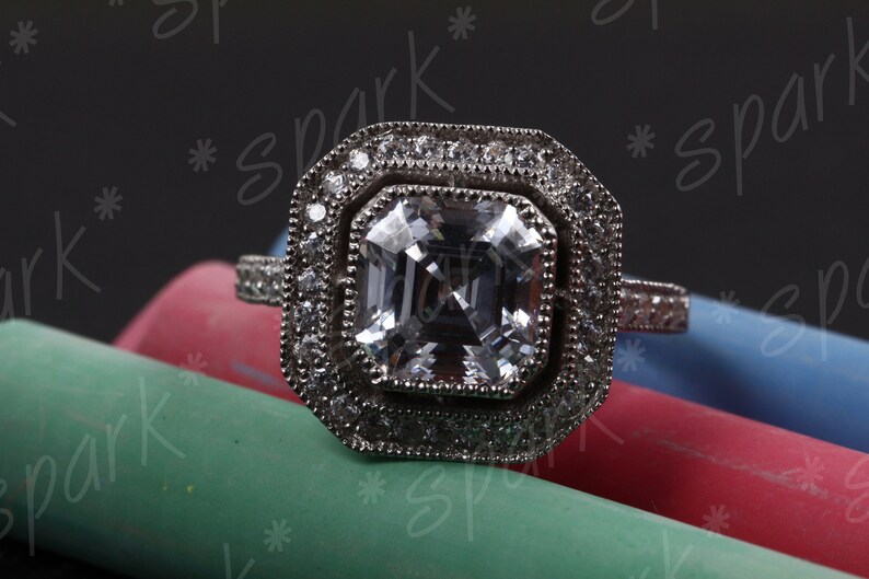 925 Sterling Silver 2.07 CT Asscher Cut halo Ring,Studded With Cz Stones Wedding Ring Engagement Ring Gift For Her