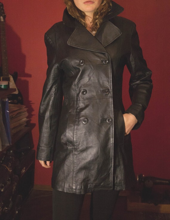 Vintage Leather Reefer rain Coat Jacket Buttons na