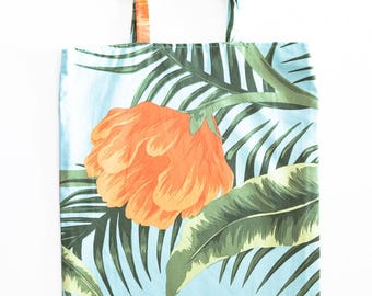 Light blue cotton bag, floral bag, floral cotton bag, orange flower bag, shopping bag, canvas bag