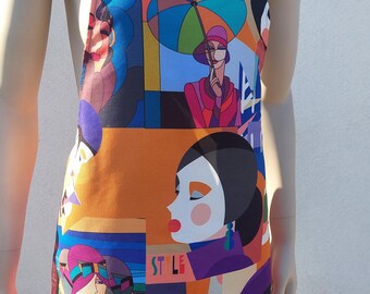 Dungarees dress, carnival dress, carnival dungarees, rainbow dungarees, square neckline dress, knee-length dress