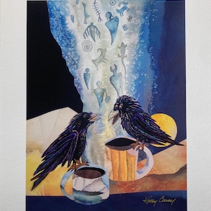 May include: Watercolor painting of two black ravens perched on coffee mugs. The background features a blue waterfall with ancient petroglyph-like figures, a yellow sun, and earth-toned mountains. The artwork is signed by the artist.