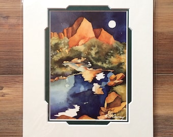 Impression aquarelle art rupestre rouge. Regardez la lune se lever au-dessus du canyon alors qu'elle projette des « reflets » à vos pieds de l'artiste Kathy Cooney de Moab, de l'Utah.