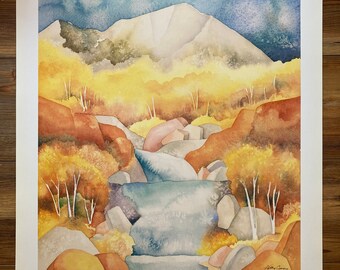 Mountain WALL ART. Nature Inspired Watercolor Offset Lithograph Print. Relax beside the rushing stream & tranquil autumn leaves Kathy Cooney