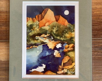 Red Rock Art Watercolor Print. Watch the moon rise over the canyon as it casts "Reflections" at your feet by Moab, Utah Artist Kathy Cooney.