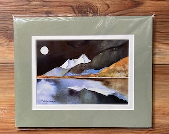 Mountain Landscape Art Print. Contemplate the moon rising, shimmering on the water. Feel the peace and quiet of "Crystal Night" Kathy Cooney