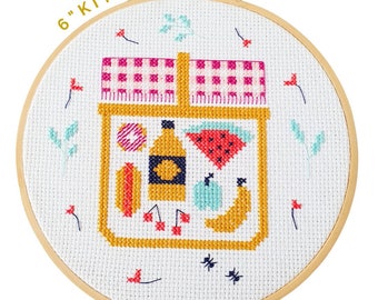 Picnic 6" Cross Stitch Kit - Beginners Cross Stitch - Textile Art - Hoop Wall Art - Gift Idea - DIY Craft - Cottagecore Decor - Outdoors