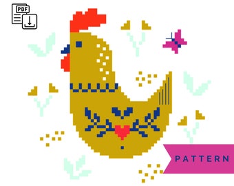 Chicken PDF Cross Stitch Pattern - Instant Digital Download Pattern - Beginners Cross Stitch - DIY Wall Art Craft - Farmhouse - Folk Art