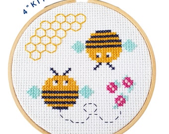 Bees 4" Cross Stitch Kit - Beginners Cross Stitch - Textile Art - Hoop Wall Art - Save The Bees - Gift Idea - Wildlife Insects - DIY Craft