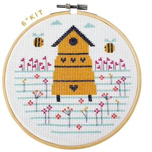 Beehive 6" Cross Stitch Kit - Beginners Cross Stitch - Textile Art - Hoop Wall Art - Save The Bees - Gift Idea - Wildlife Insect - DIY Craft