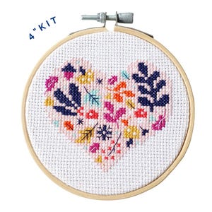Heart 4&quot; Cross Stitch Kit - Beginners Cross Stitch - Textile Art - Hoop Wall Art - Floral Embroidery - Gift Idea -DIY Craft -Nature Inspired