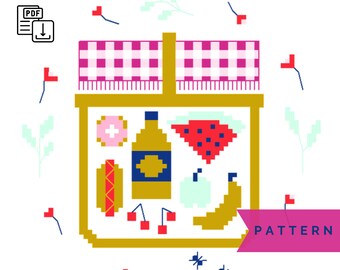 Picnic PDF Cross Stitch Pattern - Instant Digital Download Pattern - Beginners Cross Stitch - DIY Wall Art Craft - Cottagecore Decor - Food