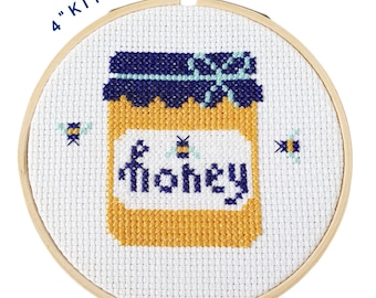 Honey Jar 4" Cross Stitch Kit - Beginners Cross Stitch - Textile Art - Hoop Wall Art - Save The Bees - Gift Idea - Folk Kitchen - DIY Craft