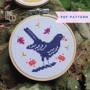 Blackbird PDF Cross Stitch Pattern-Instant Digital Download Pattern-Beginners cross stitch-DIY Wall Art Craft -Winter Forest-Woodland Bird