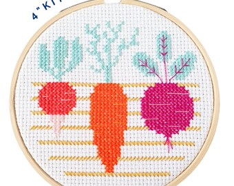 Veggies 4" Cross Stitch Kit - Beginners Cross Stitch - Textile Art - Hoop Wall Art - Vegetable Patch - Gardening Gift Idea - DIY Craft