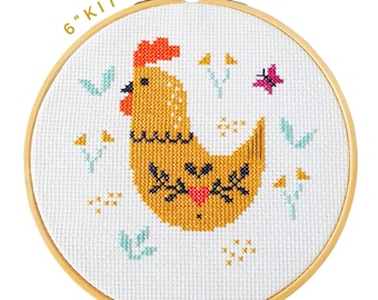 Chicken 6" Cross Stitch Kit - Beginners Cross Stitch - Textile Art - Hoop Wall Art - Farmhouse - Gift Idea - Folk Art Inspired - DIY Craft