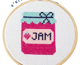 Jam Jar 4" Cross Stitch Kit - Beginners Cross Stitch - Textile Art - Hoop Wall Art - Gift Idea - DIY Craft - Strawberry - Kitchen Embroidery