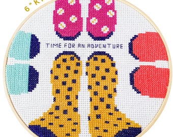 Wellies 6" Cross Stitch Kit - Beginners Cross Stitch - Textile Art - Hoop Wall Art - Outdoors Adventure - Gift Idea - Rain Boots - DIY Craft