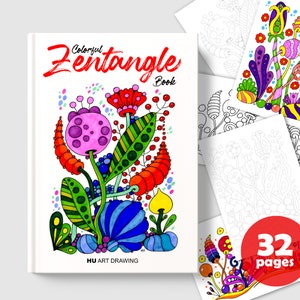 Op de afbeelding: Kleurrijk Zentangle-boekomslag met een levendige illustratie van een bloem met groene bladeren, roze, blauwe en oranje accenten. De titel van het boek is "Colorful Zentangle Book" en de tekst "HU ART DRAWING" staat onderaan de omslag. De omslag bevat ook een rode cirkel met de tekst "32 pagina's".