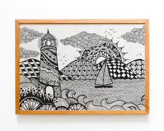 Zentangle Style Hand Drawn Landscape Poster - Home Decor and Wall Art - A Modern Artwork Detailed With Unique Geometric Patterns