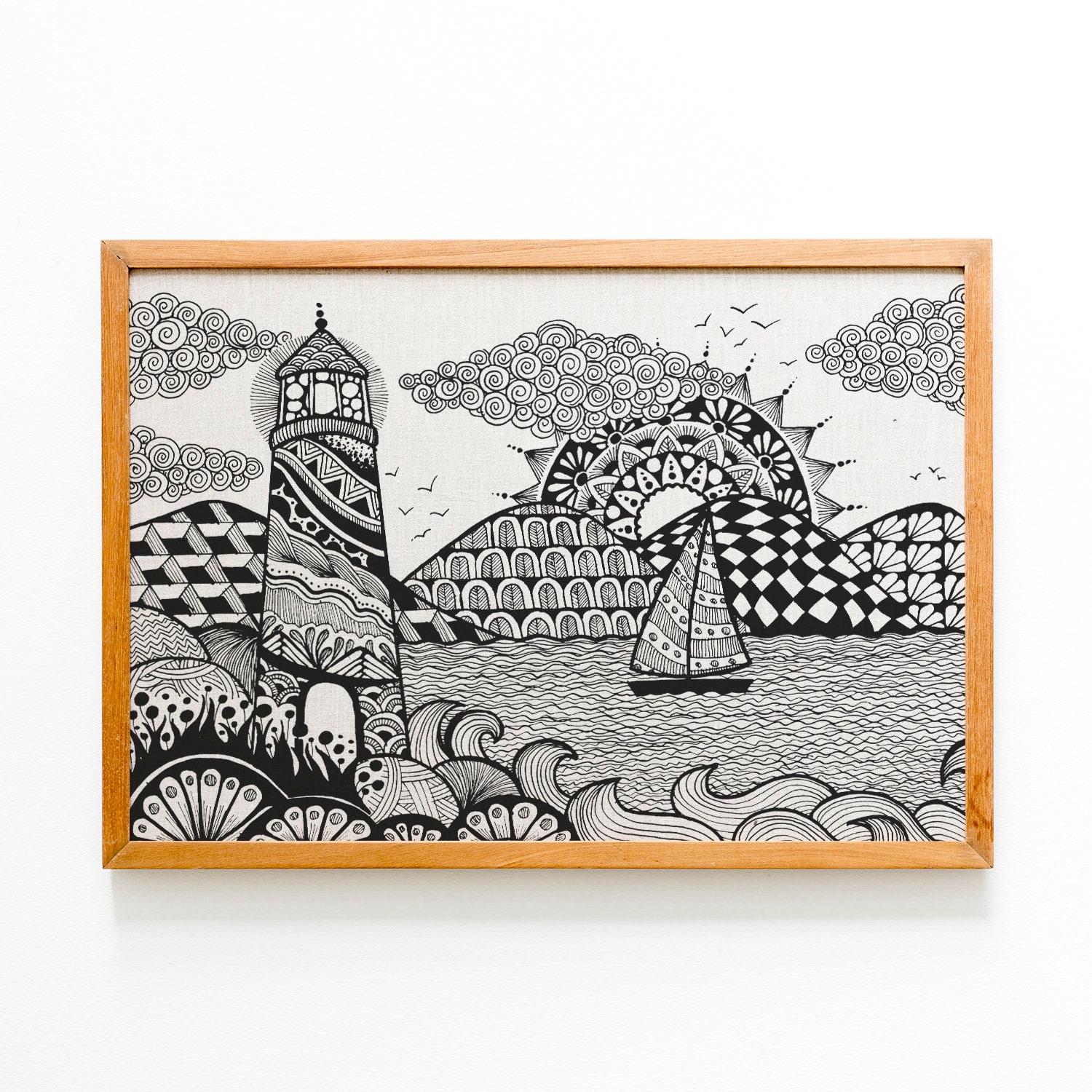 Zentangle Landscape Poster: Geometric Ink Drawing (digital