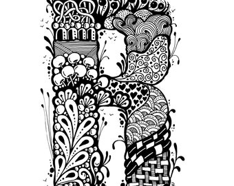May include: Black and white illustration of the letter R, decorated with intricate patterns and swirls. The letter is styled with a whimsical, doodle-like design.