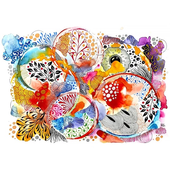 オリジナル水彩画ゼンタングルアート：手描きA4サイズアートワーク