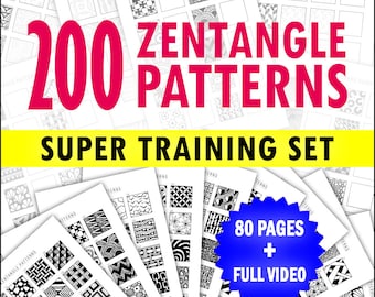 200 Zentangle Patterns Super Training Set , Zentangle Pattern Training Sheets , Zentangle Templates