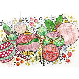 ORIGINALE / Zentangle di Natale dipinto / Acquerello e inchiostro dorato su carta di alta qualità / Design unico HU Art