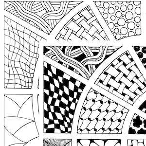 May include: Black and white abstract pattern design with various geometric shapes and lines. The design is divided into sections with different patterns, including wavy lines, circles, and checkered squares.