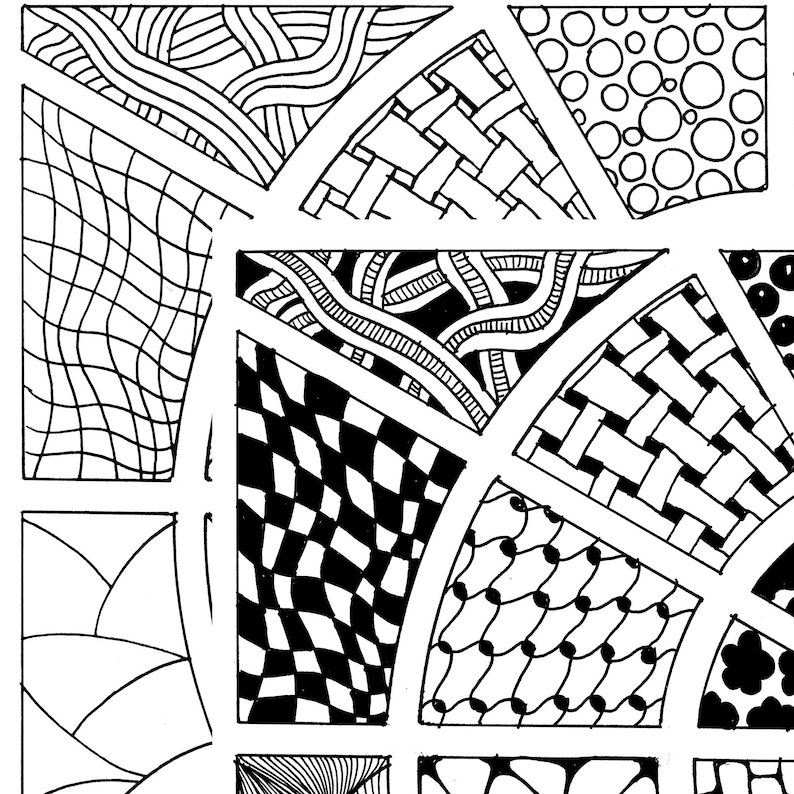May include: Black and white abstract pattern design with various geometric shapes and lines. The design is divided into sections with different patterns, including wavy lines, circles, and checkered squares.
