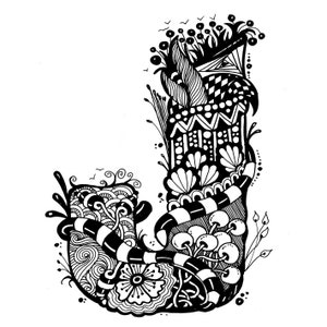 Letra zentangle J, letra del alfabeto zentangle J, letra digital J jpg, pdf, png