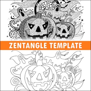 Könnte beinhalten: Schwarz-weiß-Linienkunst-Illustration von Kürbissen und Geistern. Die Illustration ist eine Zentangle-Vorlage zum Ausmalen.
